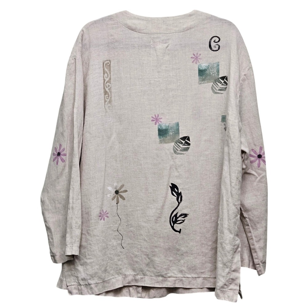 J. Jill Cardigan Jacket Womens LP Beige Linen Hand Painted Artistic Lagenlook - Picture 2 of 8